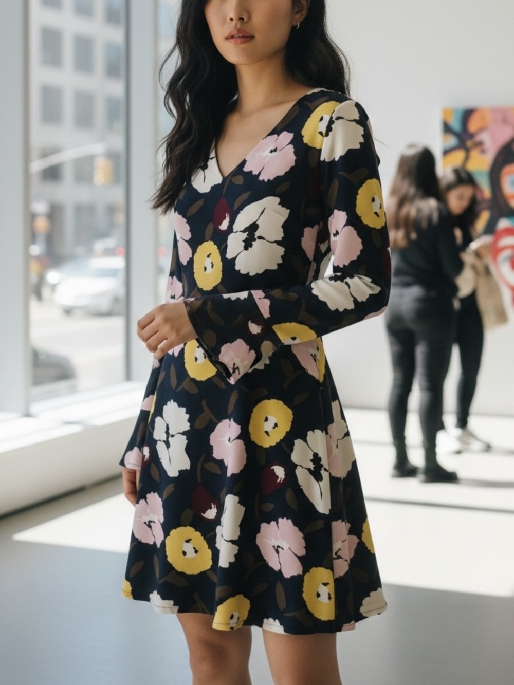 EUC Ann Taylor Floral V-Neck Long Sleeve Dress in Navy with Pink & Yellow Flower